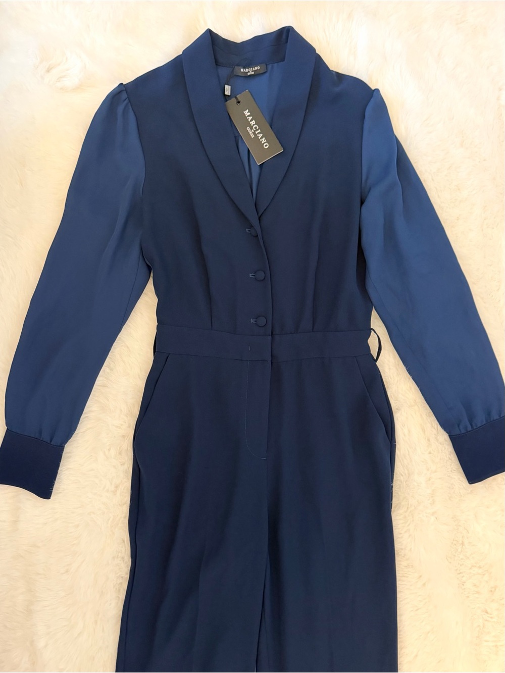 NWT Marciano By Guess Moira Navy Blue Long Sleeve Wide Leg Jumpsuit - Picture 6 of 10